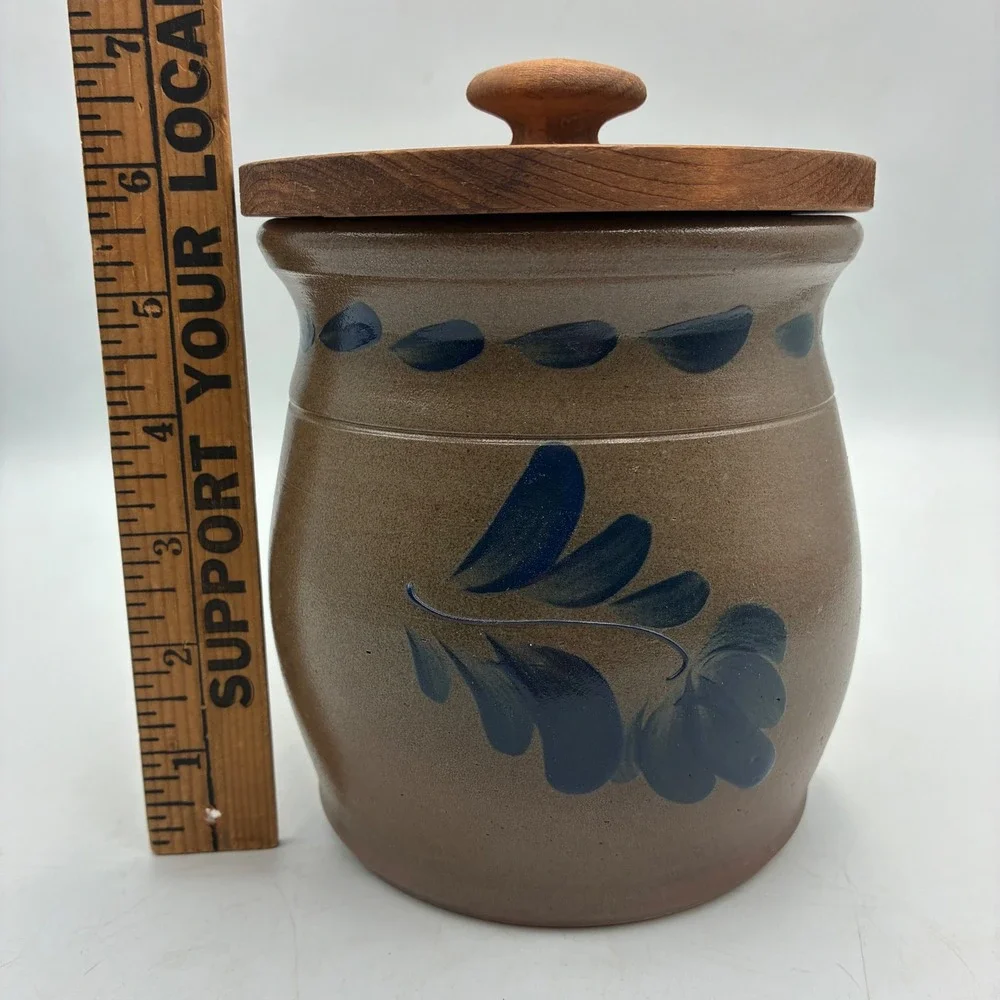 Eldreth Pottery Salt Glazed Stoneware Crock 1992 Wood Lid Blue Cobalt Leaf PA
